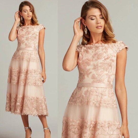 NWT TADASHI SHOJI Adriane Floral Embroidered Tea-Length Dress BLA19999MD